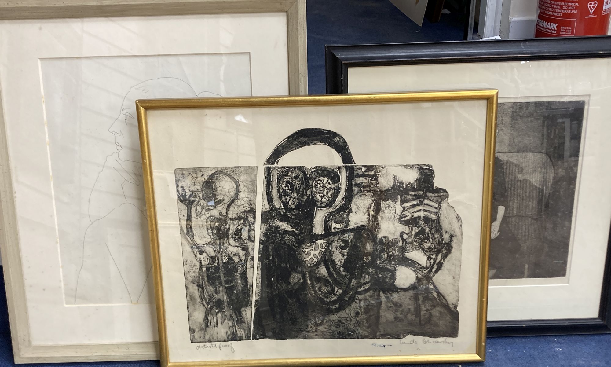 Modern British, etching and aquatint, Woman seated on a sofa, 33 x 32cm, a Polish artist proof print, 43 x 52cm and a pen and ink study